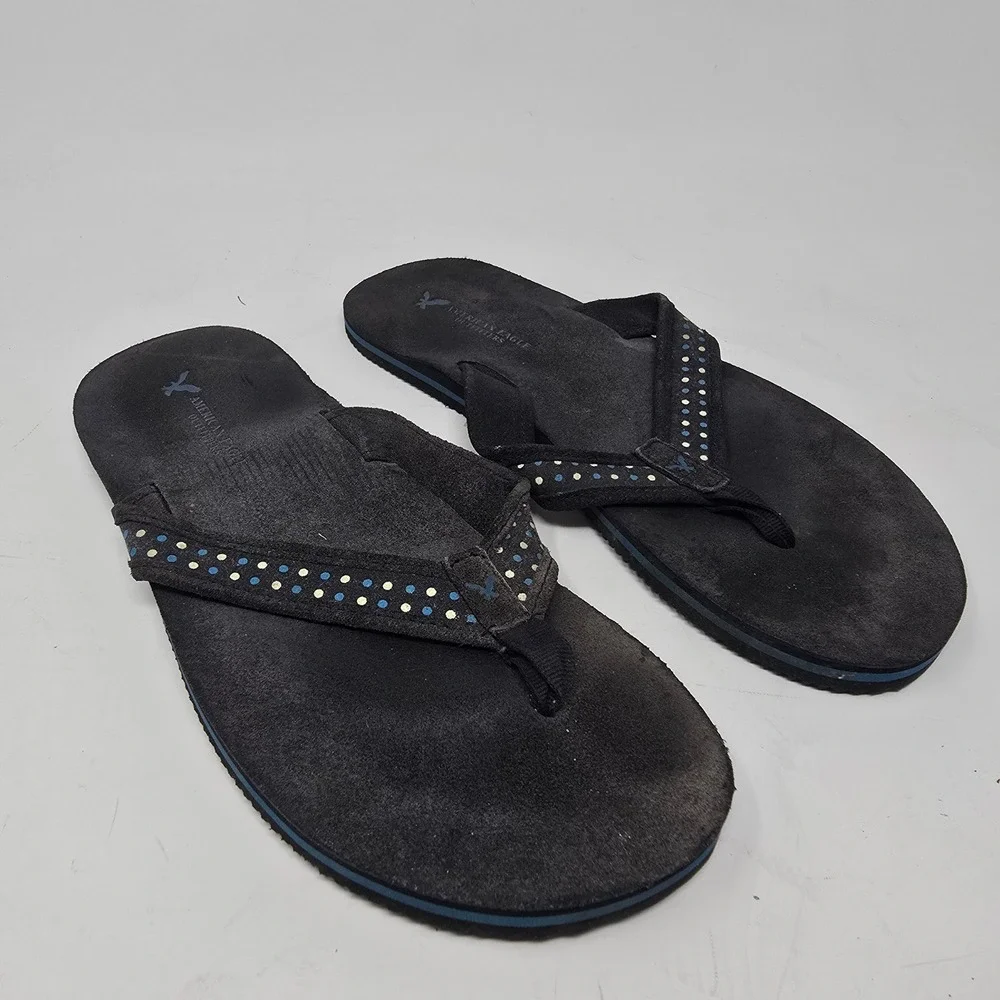 American Eagle Outfitters Womens Black Suede Flip Flop Sandals Polka Dot Straps
